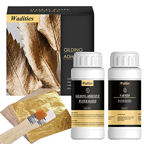 Wadities Foglia Gold, Set Di Colle Con Colla Da 100 Ml E Vernice Protettiva A Base D'Acqua Da 100 Ml, Foglia D'Oro, 100 Pezzi, 2 Pennelli, Per Bricola