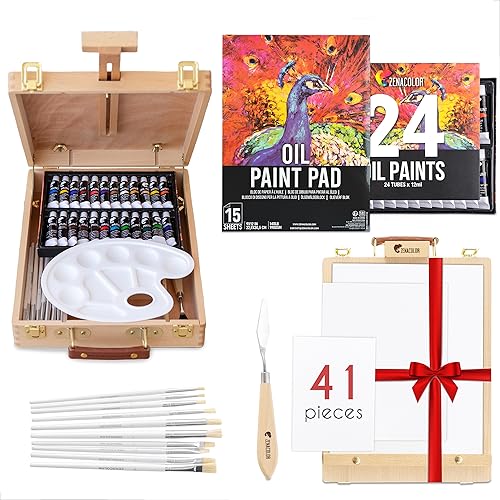 Cavalletto Pittura E Colori Ad Olio - Set Pittura 41 Pezzi : 24 Tubi Colori A Olio Per Dipingere 3 Tele Per Dipingere 1 Blocco 10 Pennelli 1 Spatole 1