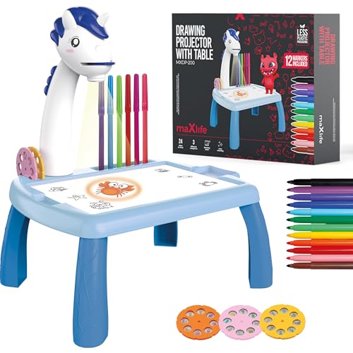 Maxlife Proiettore Disegno Bambini Con Tavolo Blu – Proiettore Per Disegnare Giocattolo Creativo – 24 Diapositive Con Set Da Disegno - Stimola Fantasi