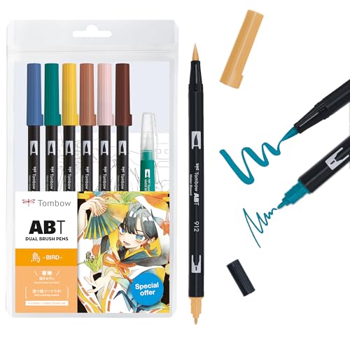 Tombow Abt Dual Brush Pen Set Manga Acquerello Bird, Set Di 6 Abt + Pennello Per Serbatoio D'Acqua, Disegni Da Colorare & Video Tutorial [Abt-6P-Manga