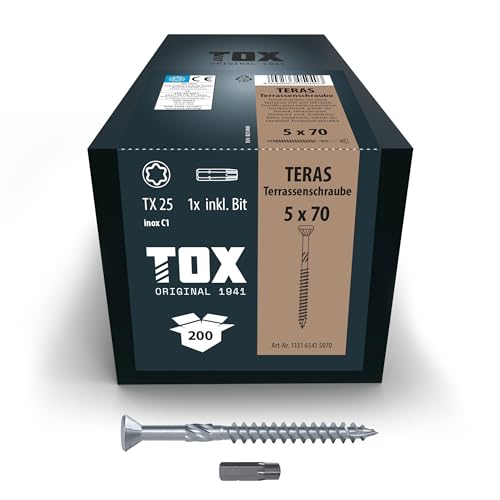 Tox Viti Per Decking Tox Teras 5,0 X 70 Mm, Viti Con Testa Decorativa, Resistenti Agli Agenti Atmosferici Grazie All'Acciaio Inox C1, Tx25, 200 Pezzi