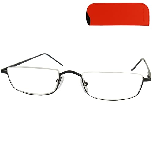 Mini Brille Occhiali Da Lettura Mezza Montatura Rettangolari In Acciaio, (Nero) Con Cerniere A Molla, Custodia In Omaggio, Occhiali Donna E Uomo +1.0