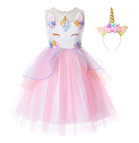 Jerrisapparel Ragazza Unicorno Ruffles Fiori Abito Principessa Festa Vestito (6-7 Anni, Rosa)