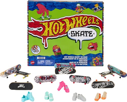 Hot Wheels Skate - Set Da 10 Fingerboard, Include Anche 5 Paia Di Scarpine Da Skate Rimovibili, Grafiche Dettagliate A Tema Hot Wheels, Giocattolo Per
