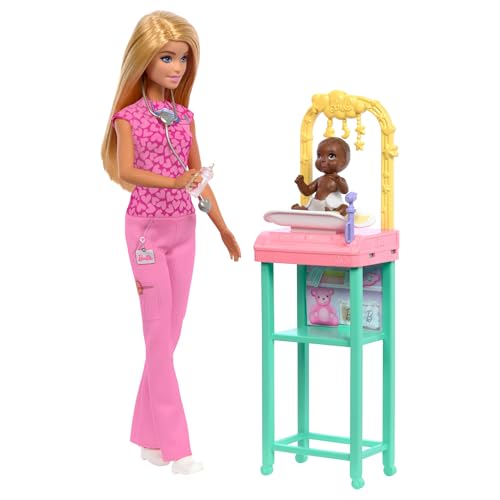 Barbie Carriere - Pediatra, Set Bambola Bionda Con Divisa Da Medico Rosa E Un Neonato, Stetoscopio, Mobili E Accessori Inclusi, Giocattolo Per Bambini