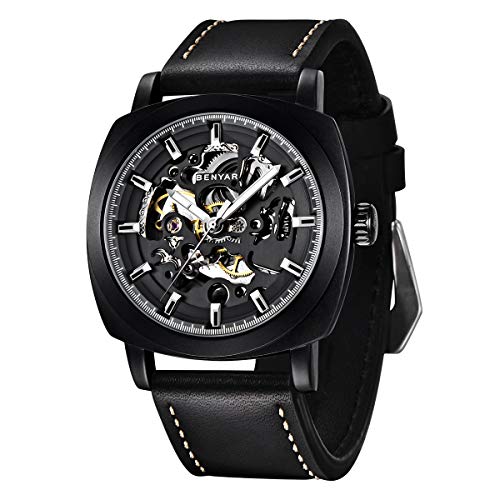 Benyar - Orologio Da Polso Meccanico Automatico Da Uomo | Cinturino In Pelle | Quadrante Scheletro Da 45 Mm | Resistente All'Cqua E Ai Graffi | Regalo