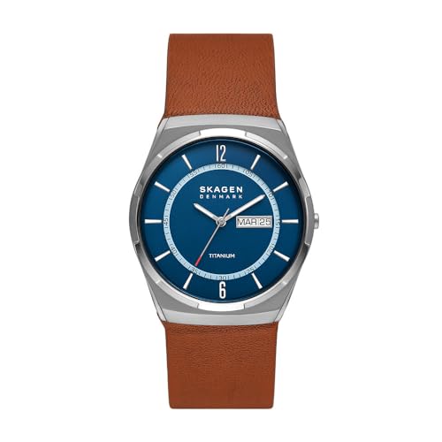 Skagen Orologio Da Uomo Melbye, Movimento Day-Date A Tre Lancette, Titanio Con Cassa Da 40 Mm E Cinturino In Pelle, Castano