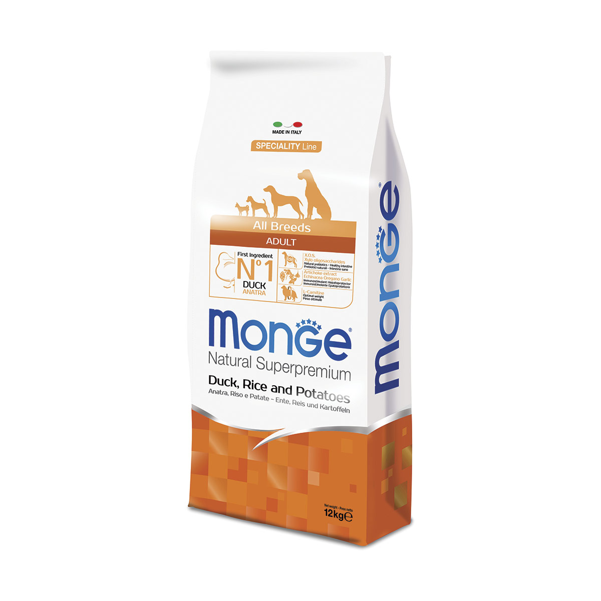 Monge natural superpremium all breeds adult monoprotein anatra con riso e patate - 12 kg - crocchette monoproteiche cane