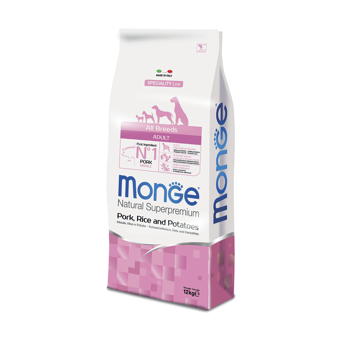 Monge natural superpremium all breeds adult monoprotein maiale con riso e patate - 12 kg - crocchette monoproteiche cane