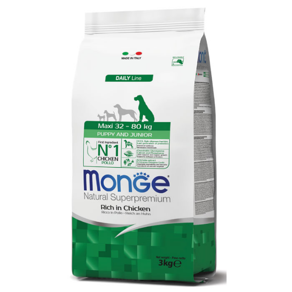 Monge natural superpremium maxi puppy & junior ricco di pollo - 12 kg - croccantini per cani