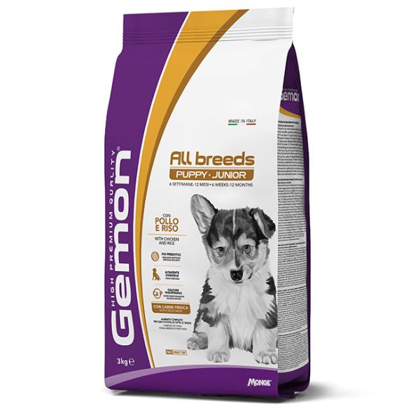 Monge gemon puppy & junior all breeds con pollo e riso - 3 kg - croccantini per cani