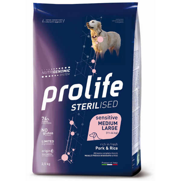 Prolife sterilised cane sensitive medium large maiale e riso - 12 kg - crocchette monoproteiche cane