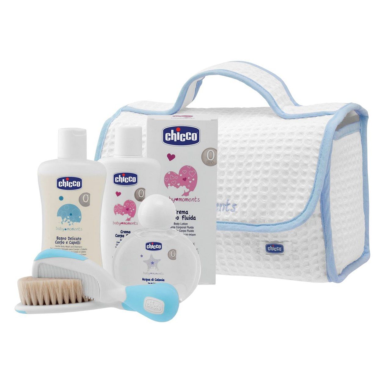 Chicco Baby Moments Beauty Maniglia Azzurro Bagno Delicato Corpo Capelli Pelli Delicate 200 Ml + Crema Corpo Pelli Delicate 200 Ml + Acqua Di Colonia 