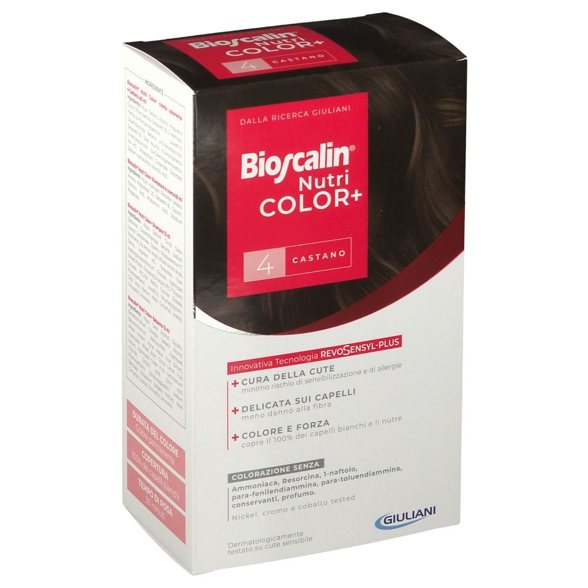 Bioscalin Nutricolor Plus 4 Castano Crema Colorante 40 Ml + Rivelatore Crema 60 Ml + Shampoo 12 Ml + Trattamento Finale Balsamo 12 Ml