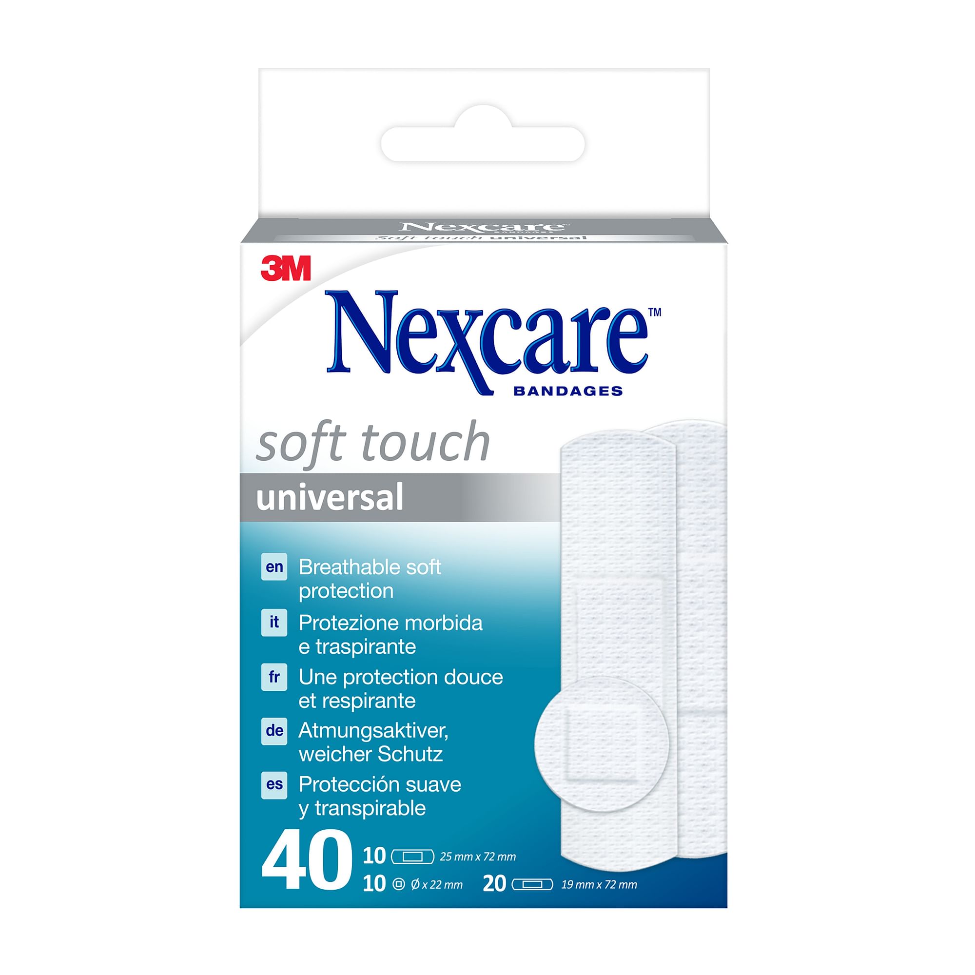 Cerotto Preparato Nexcare Soft Touch Universal 3 Misure 20 Cerotti 19 X72 Mm + 10 Cerotti 25 X72 Mm + 10 Cerotti Tondi 22,5 Mm