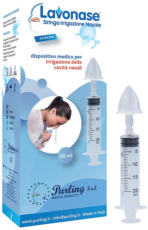 Lavonase Irrigazione Nasale Non Sterile Siringa 20 Ml + Luer Lock Con Cappuccio + Ugello Nasale Con Raccordo Luer Lock + Perforatore Con Valvola Non R