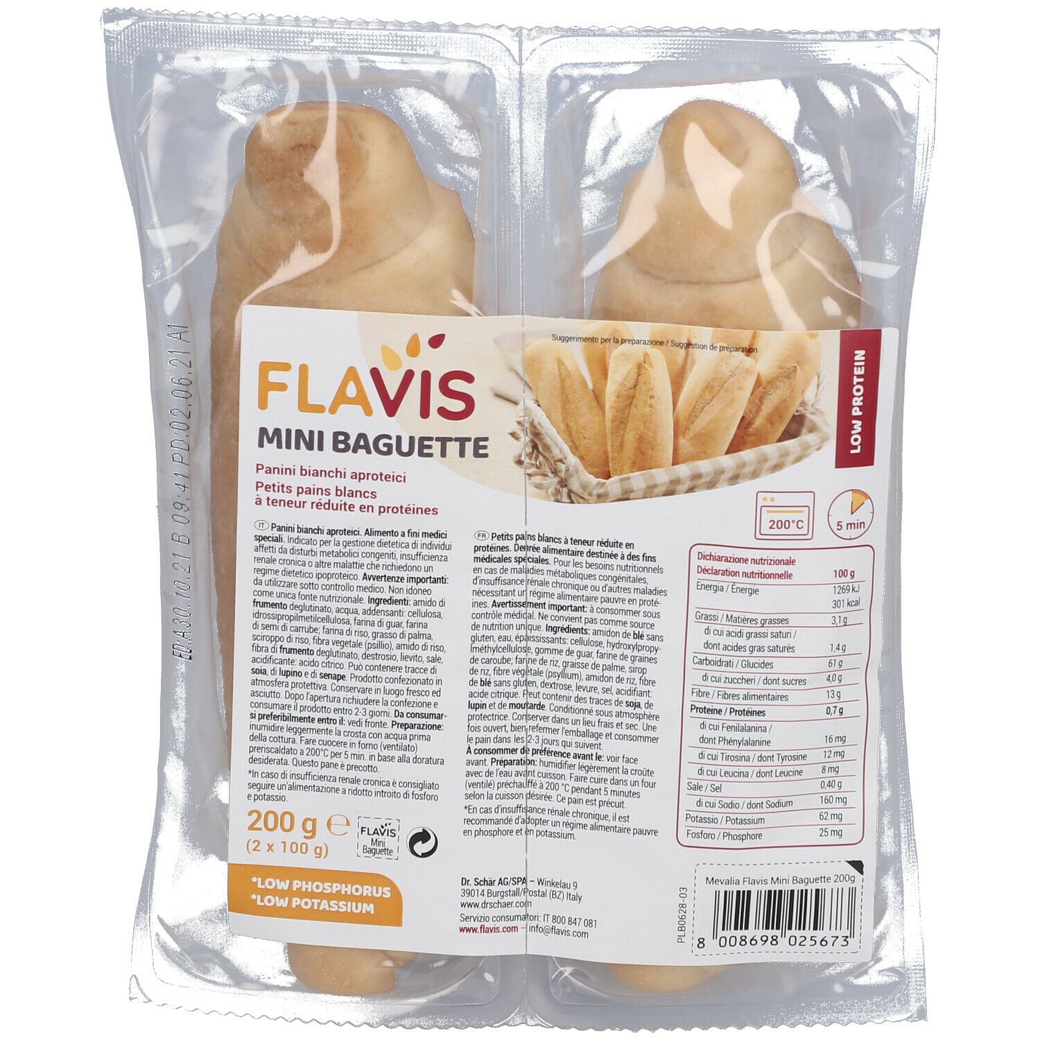 Flavis Mini Baguette Panini Bianchi Aproteici 2 Pezzi Da 100 G