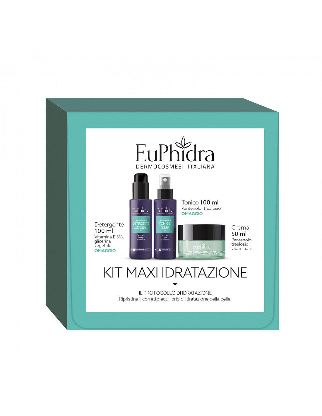 Euphidra Maxi Idratazione Kit Maxi Idratazione Crema Ricca Pantenolo 50 Ml + Detergente Vitamina E 100 Ml + Tonico Pantenolo 100 Ml
