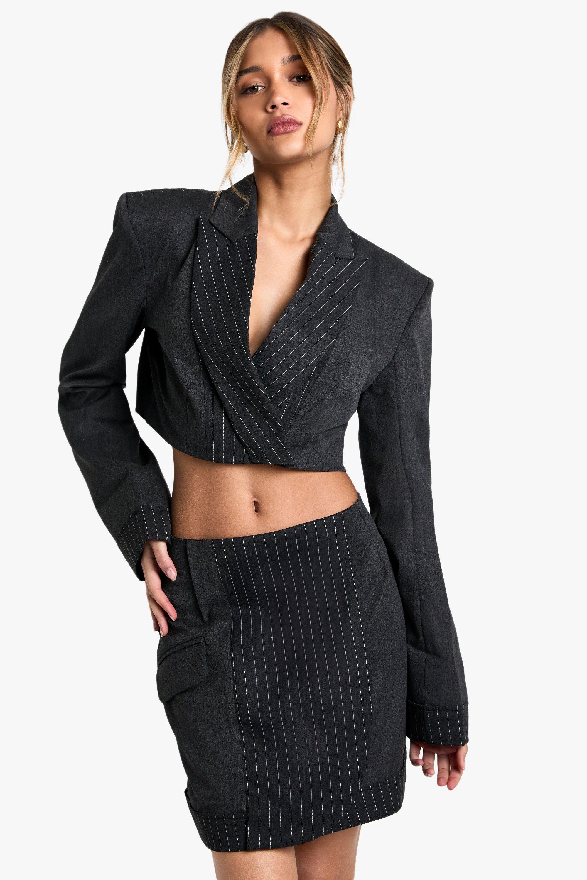 Tailored Pinstripe Detail Cropped Blazer, Grigio