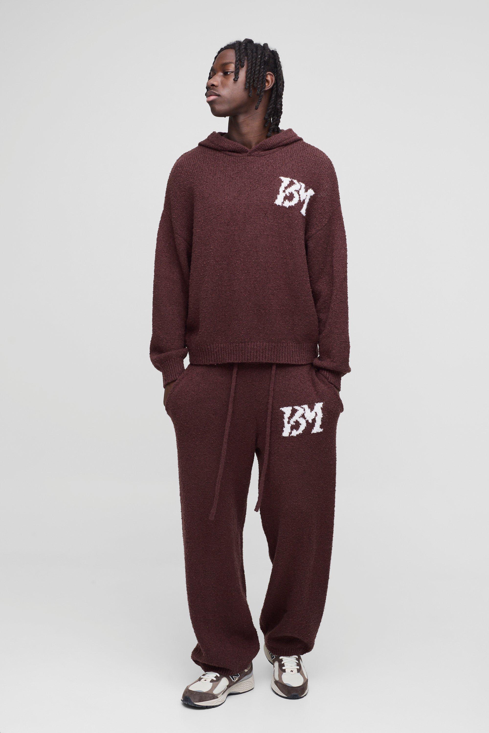 Brushed Boucle Knitted Branded Hooded Tracksuit, Brown