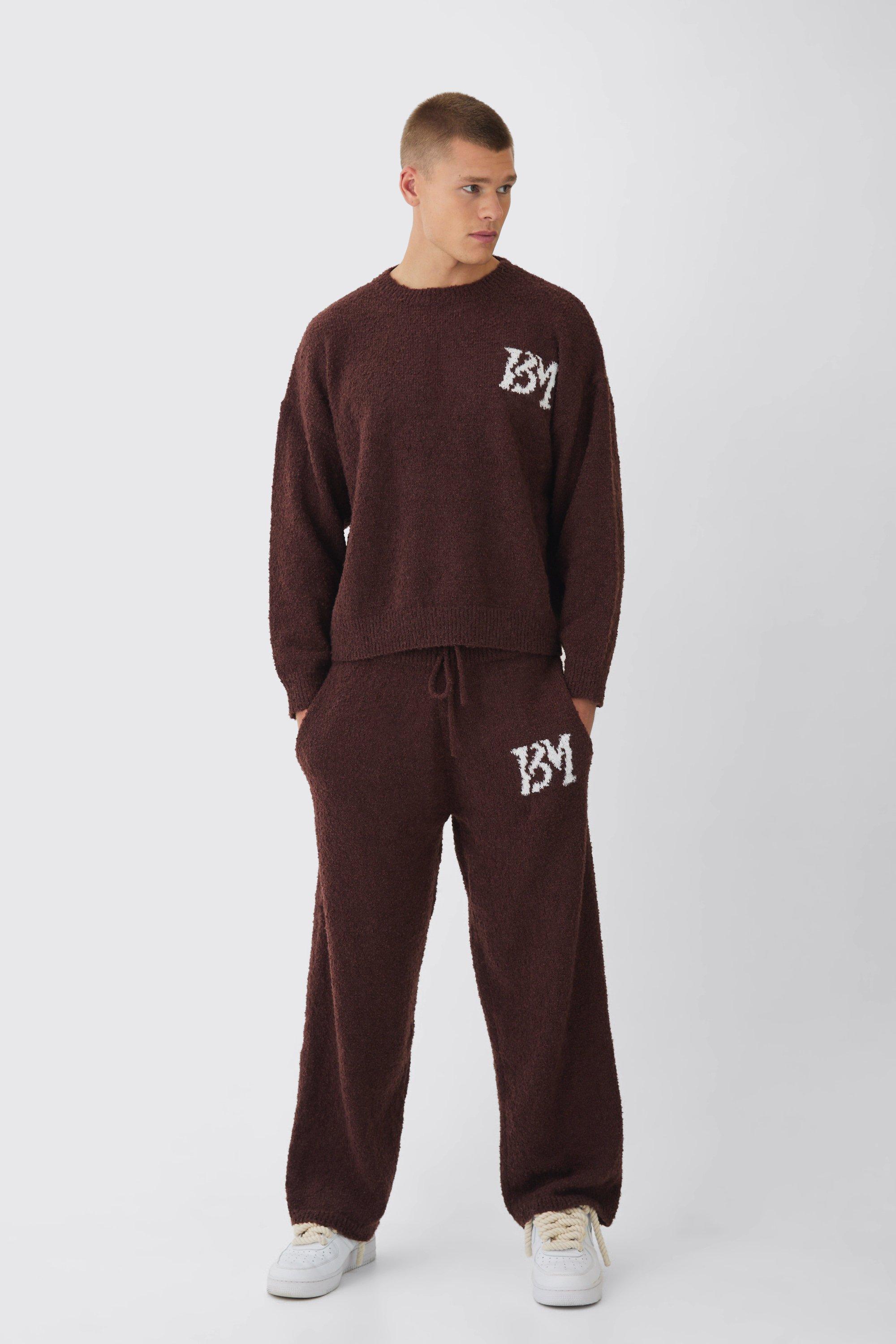 Brushed Boucle Knitted Branded Jumper Tracksuit, Brown