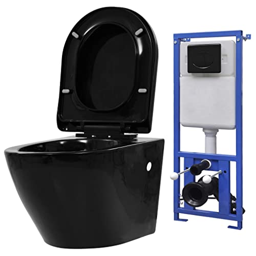 Vidaxl Toilette Suspendue Au Mur Avec Réservoir Caché Salle De Bain Maison Vestiaire Economie D'Eau Pieds Réglables En Hauteur Céramique Noir