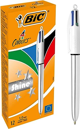 Bic 4 Couleurs Shine Stylos-Bille Rétractables Pointe Moyenne (1,0 Mm) - Corps Argenté Métallisé, Boîte De 12