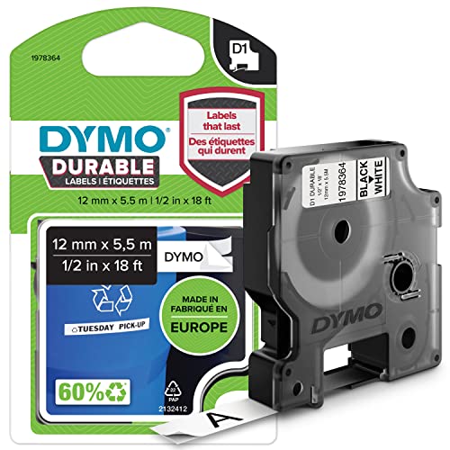 Dymo D1 Étiquettes Résistantes, 12Mm X 5,5M, Impression En Noir Sur Fond Blanc, Autocollantes Étiquettes Authentiques Pour Étiqueteuses Labelmanager