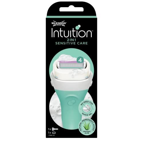 Wilkinson Sword Intuition 2In1 Sensitive Care, Confezione Con 1 Manico, 1 Testina Montata, Rasoio Guadrilama Donna Con Sapone Naturale, Contiene Aloe