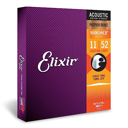 Elixir Strings Phosphor Bronze Acoustic Guitar Strings W Nanoweb Coating, Custom Light (.011-.052)