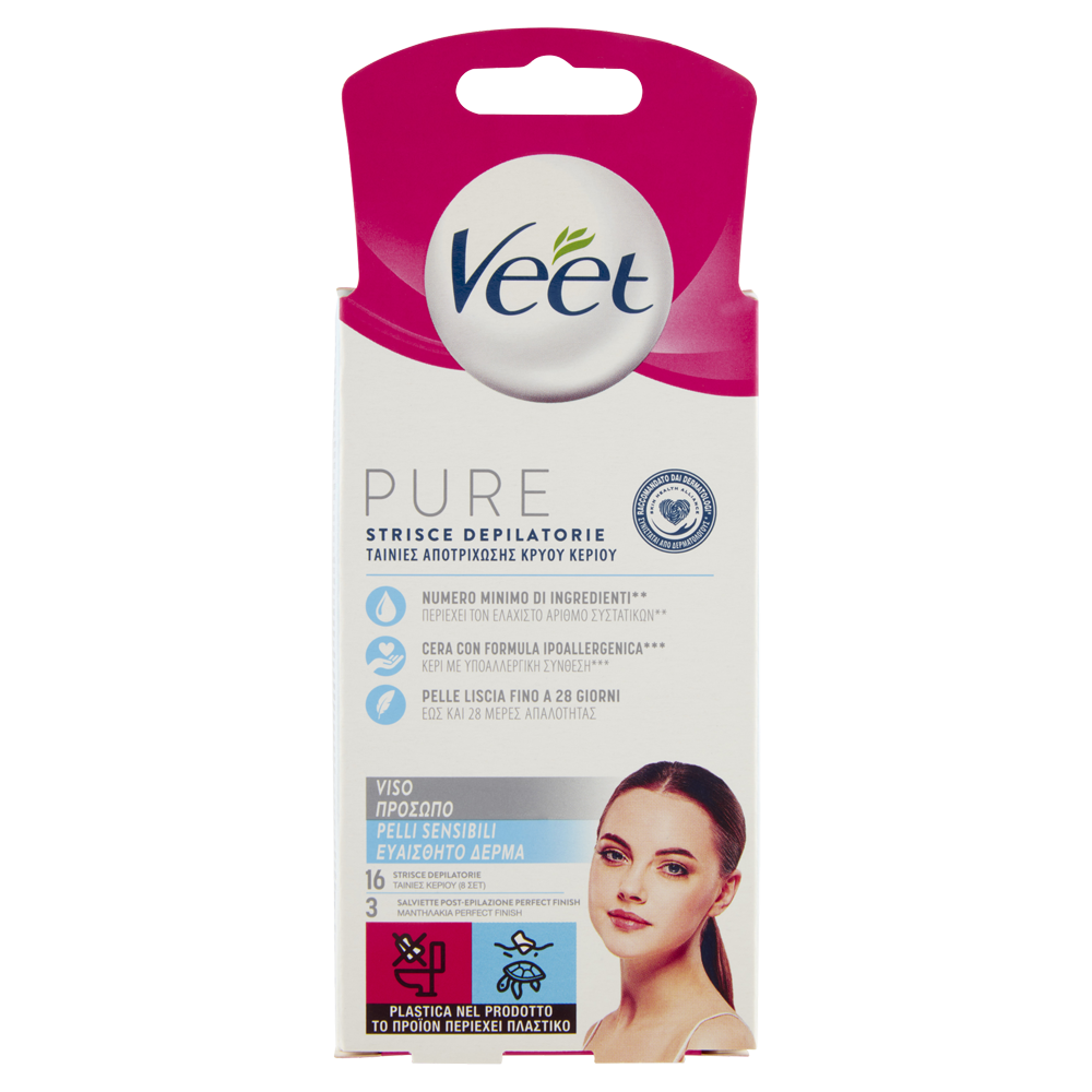 Veet Pure Strisce Depilatorie Viso 16 Pezzi + Salviette Post-Epilazione Idratanti - -
