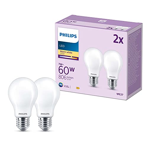 Philips Led E27, Confezione Da 2 Lampadine, Equivalente A 60 W, Lampadine Led Smerigliate, Luce Bianca Calda 2700K, Led A Risparmio Energetico Con Lun