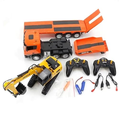 S-Idee® 1319 Rc Camion Piatto Profondo (Arancione) & Escavatore (Giallo) Set Huina 1:24 9 Canali Luce & Suono Lontano