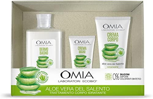 Omia Aloe Vera Del Salento, Confezione Regalo Donna, Set Bagno, Cofanetto Corpo E Capelli Con Crema Mani, Crema Corpo E Bagnoschiuma Dermo Bagno, Conf