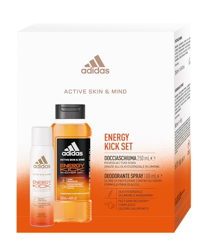Adidas Active Skin & Mind, Confezione Regalo Energy Kick Set Gel Doccia Energy Kick Da 250 Ml + Deodorante Spray Energy Kick Da 100 Ml