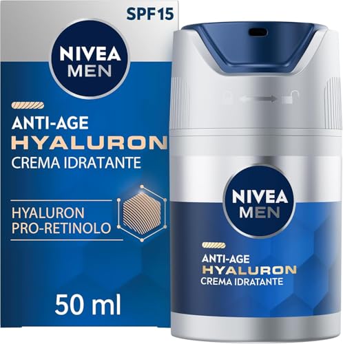 Nivea Men Anti-Age Hyaluron Crema Viso Idratante Fp15 50 Ml, Crema Viso Uomo Antirughe Per Pelli Mature, Crema Viso Acido Ialuronico Nutriente E Rimpo