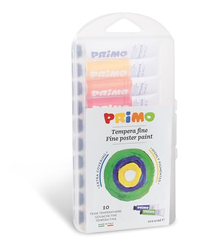 Primo - Tempere Per Bambini +3 Anni, 10 Tubi Da 12 Ml, Colori Per Bambini Diluibili Con Acqua, Colori A Tempera Fine Densi E Coprenti Per Tessuti, Car