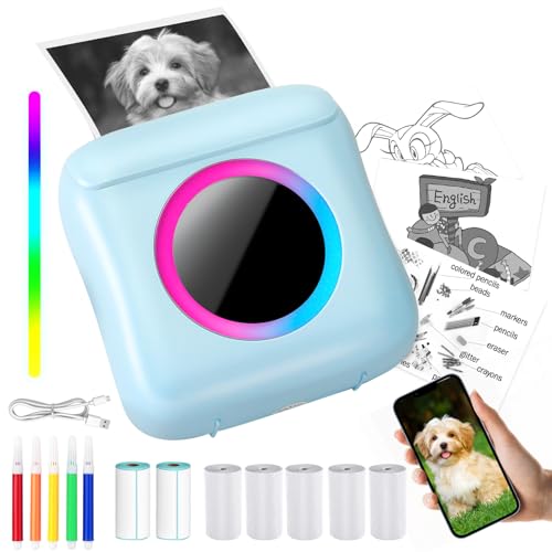 Mucek Mini Stampante, Mini Stampante Per Smartphone, Mini Stampante Portatile Con 5 Rotoli Di Carta, Pennello, Mini Stampante Termica Con 5 Carte Bian