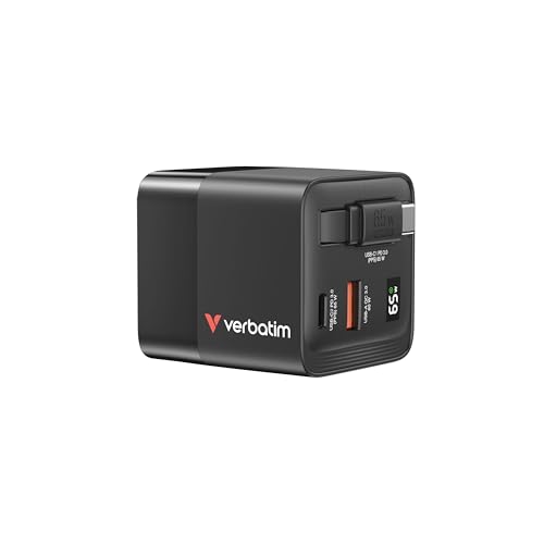 Verbatim Gan Charger 65W - Caricatore Usb-C A 2 Porte Con Cavo Usb-C Estraibile, Adattatore Usb-C E Usb-A, Caricatore Rapido Per Apple Ipad, Iphone, S