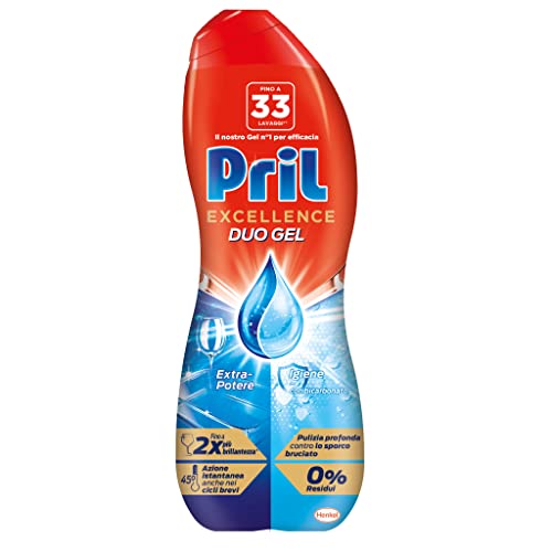 Pril Excellence Duo Gel Lavastoviglie Con Bicarbonato, Detersivo Lavastoviglie Gel Con Sgrassatore Attivo, 33 Lavaggi