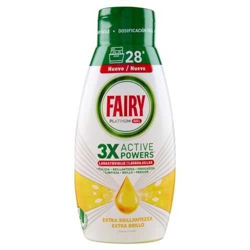 Fairy Gel Lavastoviglie Platinum Extra Brillantezza, Detersivo Piatti Limone 28 Lavaggi 504Ml