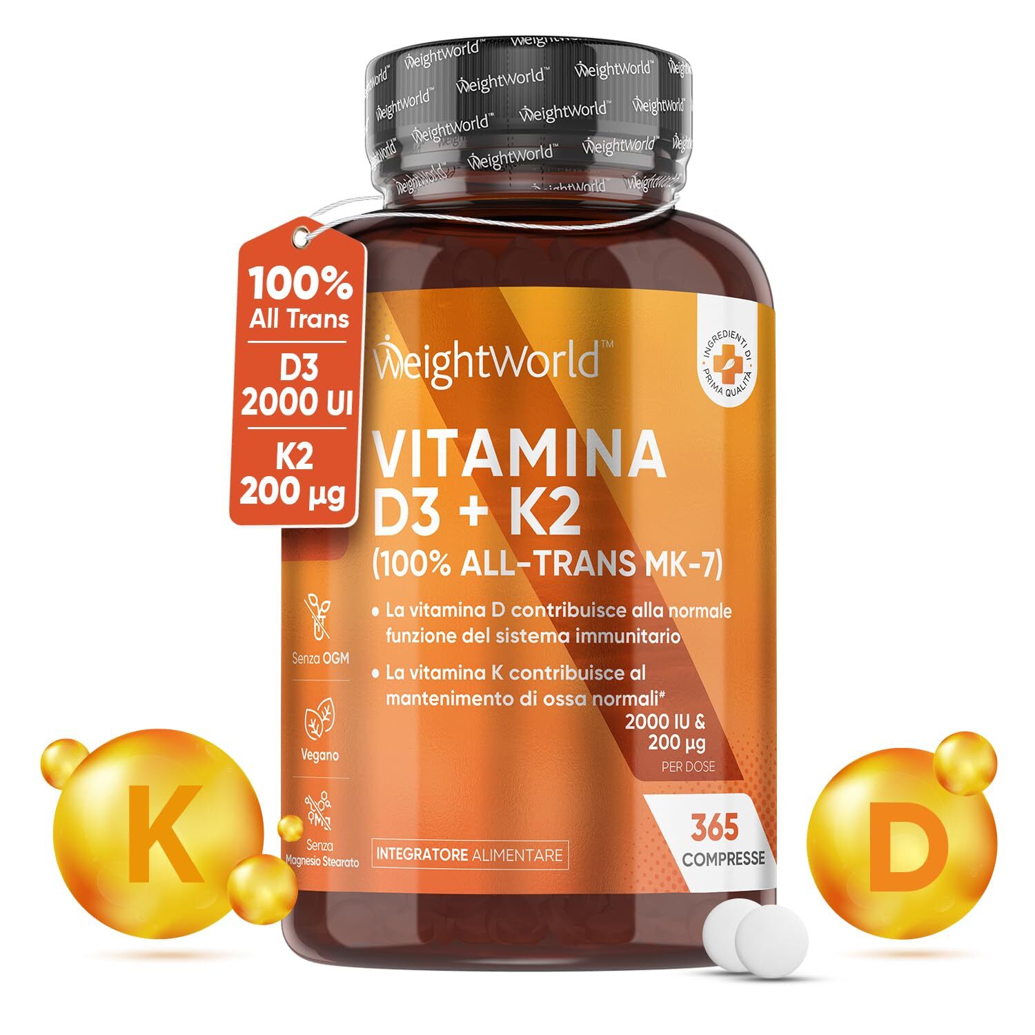 Vitamina D3 K2, Vitamina D 2000 UI + 200μg Vitamina K2 MK7, 365 Com