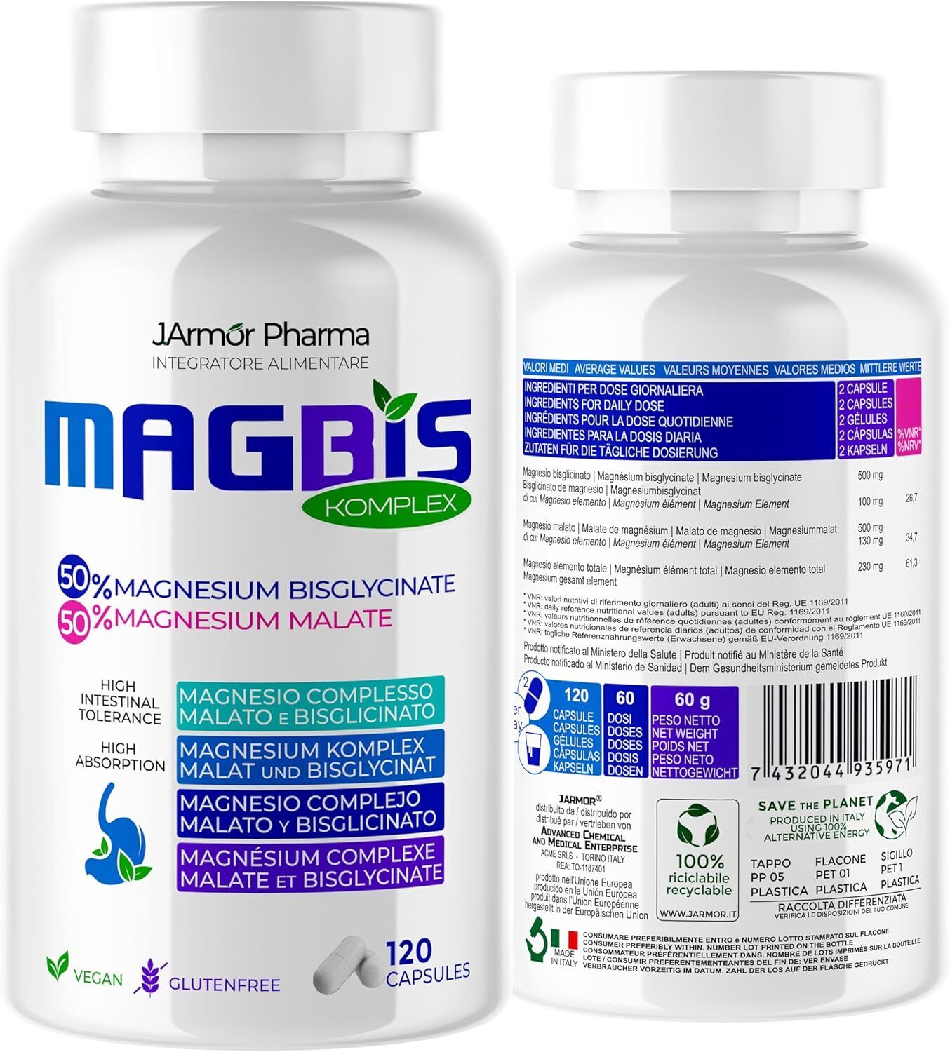 Integratore 120 CPS Magnesio Bisglicinato + Magnesio Malato |Chelato Di Magnesio