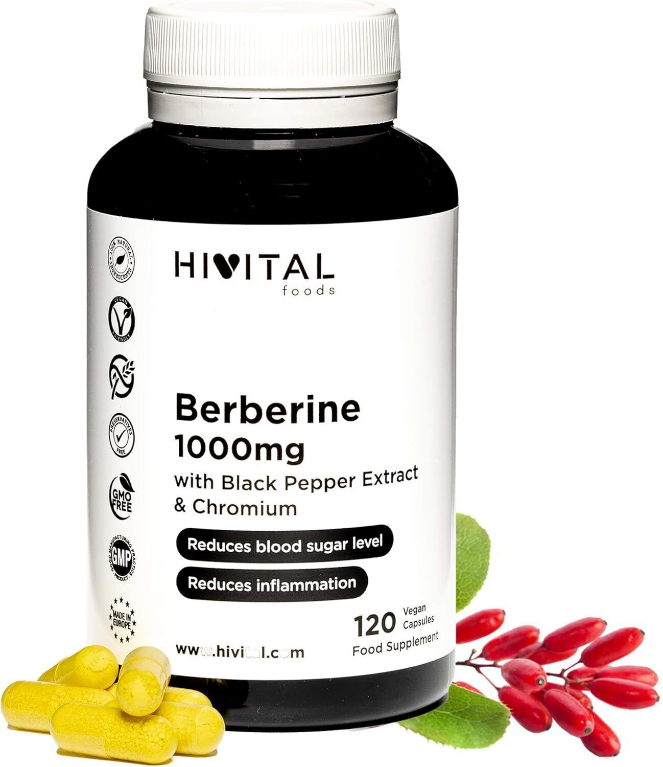 Berberina 1000 mg. 120 capsule vegane. Con Cromo e Pepe Nero per un migliore...