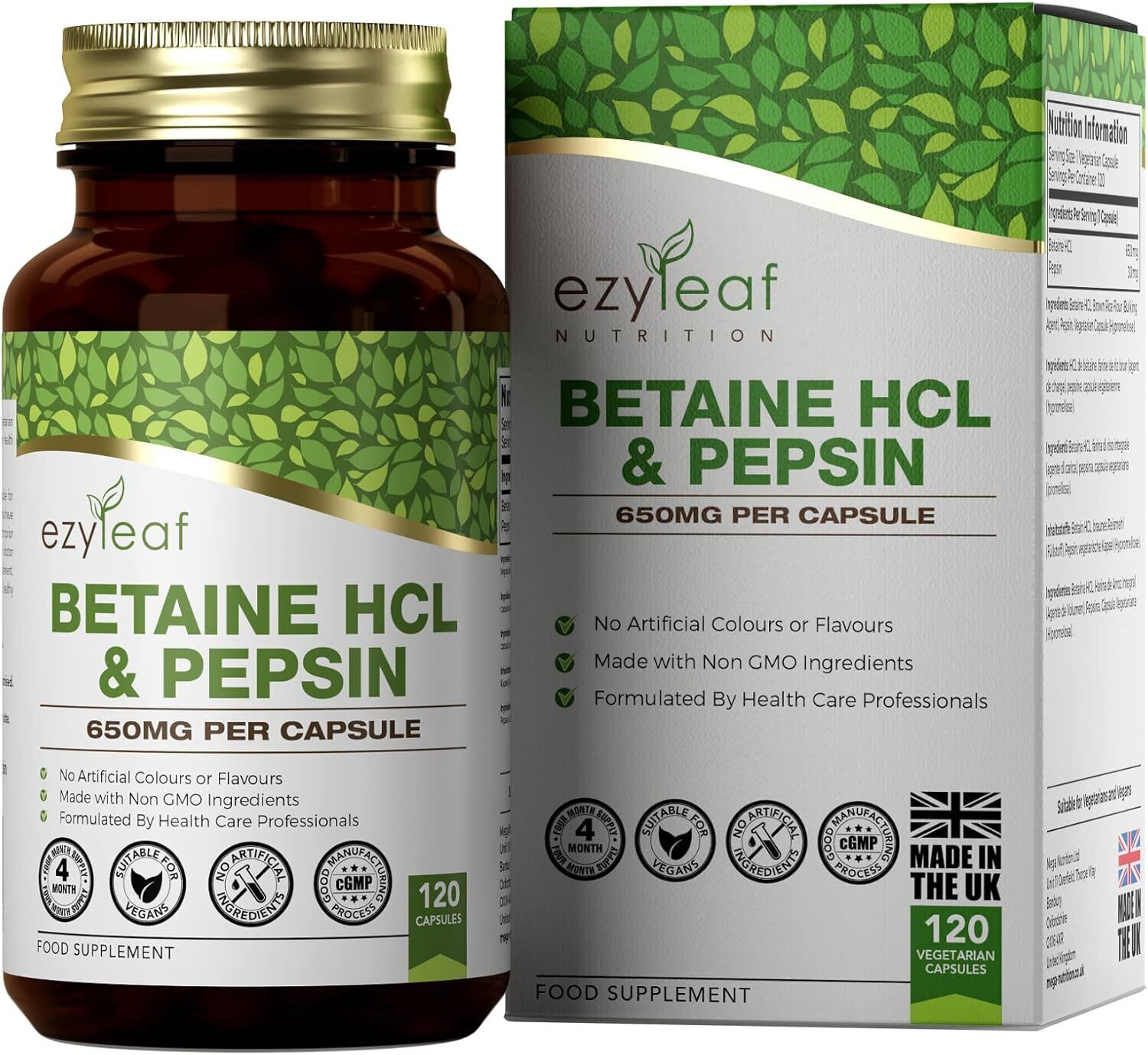 Ezyleaf Betaina HCL con Pepsina 680 mg | 120 Capsule Vegane | Betaina Cloridrato