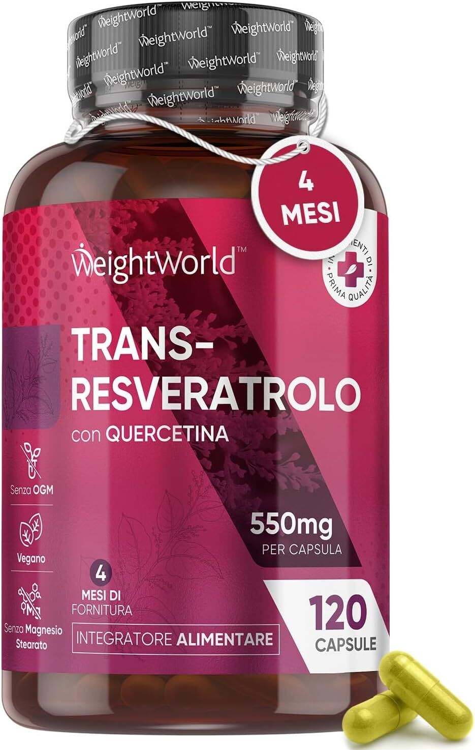 Resveratrolo 550mg con Quercetina Senza Magnesio Stearato, 1 Capsula al...
