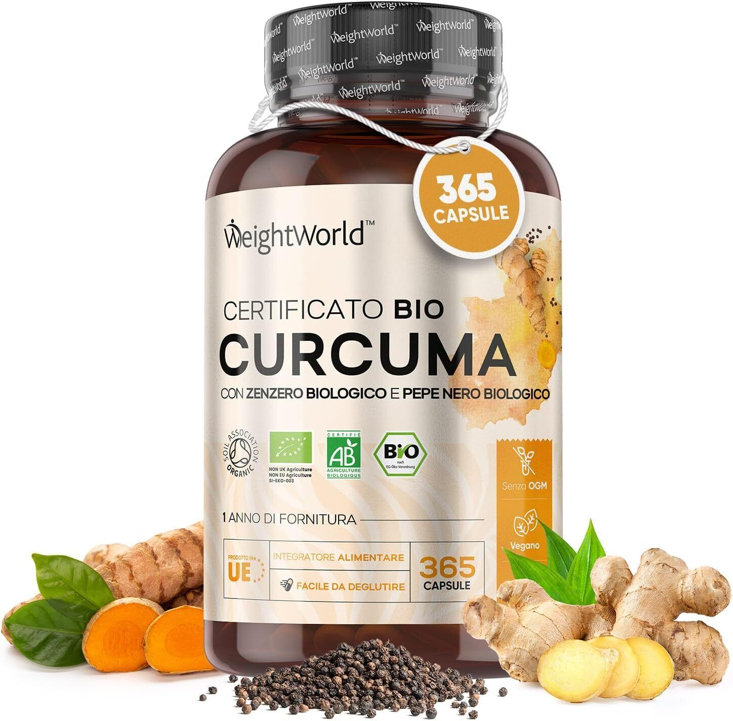 Curcuma Bio con Piperina e Zenzero, 365 Capsule Vegan Alto Dosaggio...
