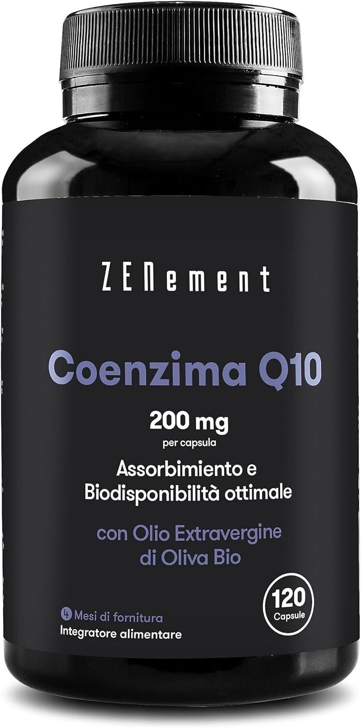 Integratore Coenzima Q10 200 mg, Ubichinone Puro al 100% 120 Capsule Softgel