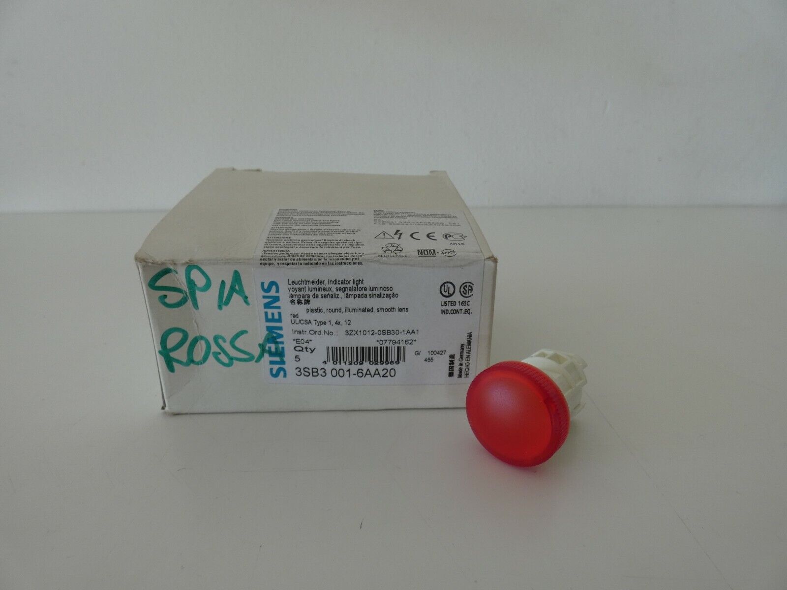 LOTTO DI 6 PEZZI INDICATORE LUMINOSO ROSSO GEMMA LISCIA SIEMENS 3SB3001-6AA20