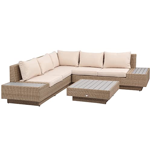 Outsunny Set Salotto Da Giardino 4 Pezzi In Rattan, Set Mobili Da Giardino Con Divano Da Esterno Angolare Con Cuscini, Tavolini Laterali E Tavolo Da C